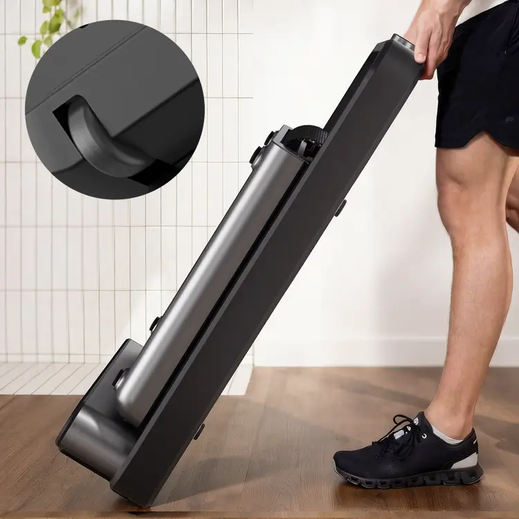 Movaped X21 treadmill with built in transport wheels for easy movement and storage
