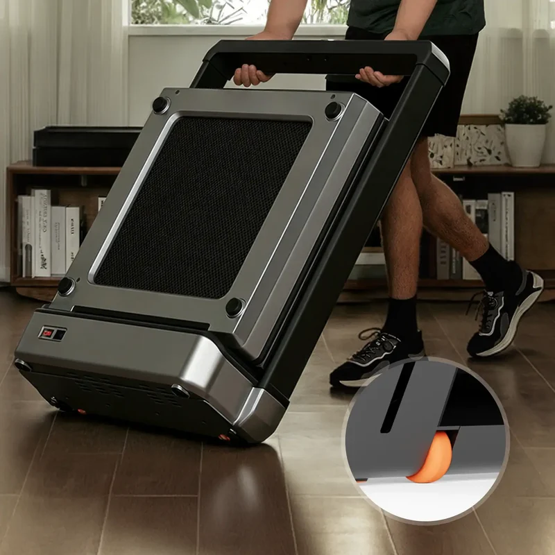 Movaped X25 treadmill with built in transport wheels for easy movement and storage
